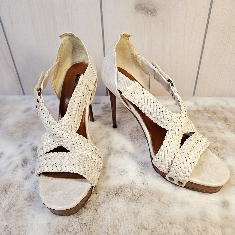 Michael Antonio Womens Cream Woven Platform Stiletto Heels Sandals 8 Boho Chic
